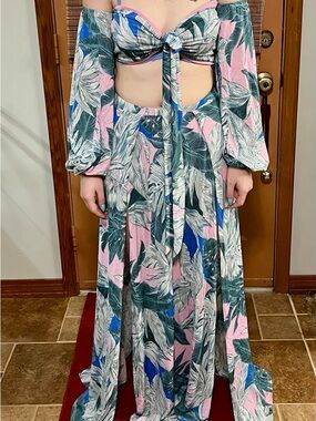 Good Time USA Dyna Dior Tropical Leaf Two-Piece Maxi Set in Pink, Green & Blue